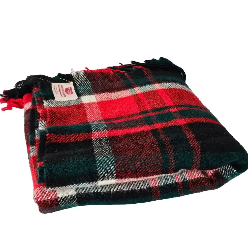 Vintage Troy Leisure Blanket lap robe throw black red green white 51x57 fringed